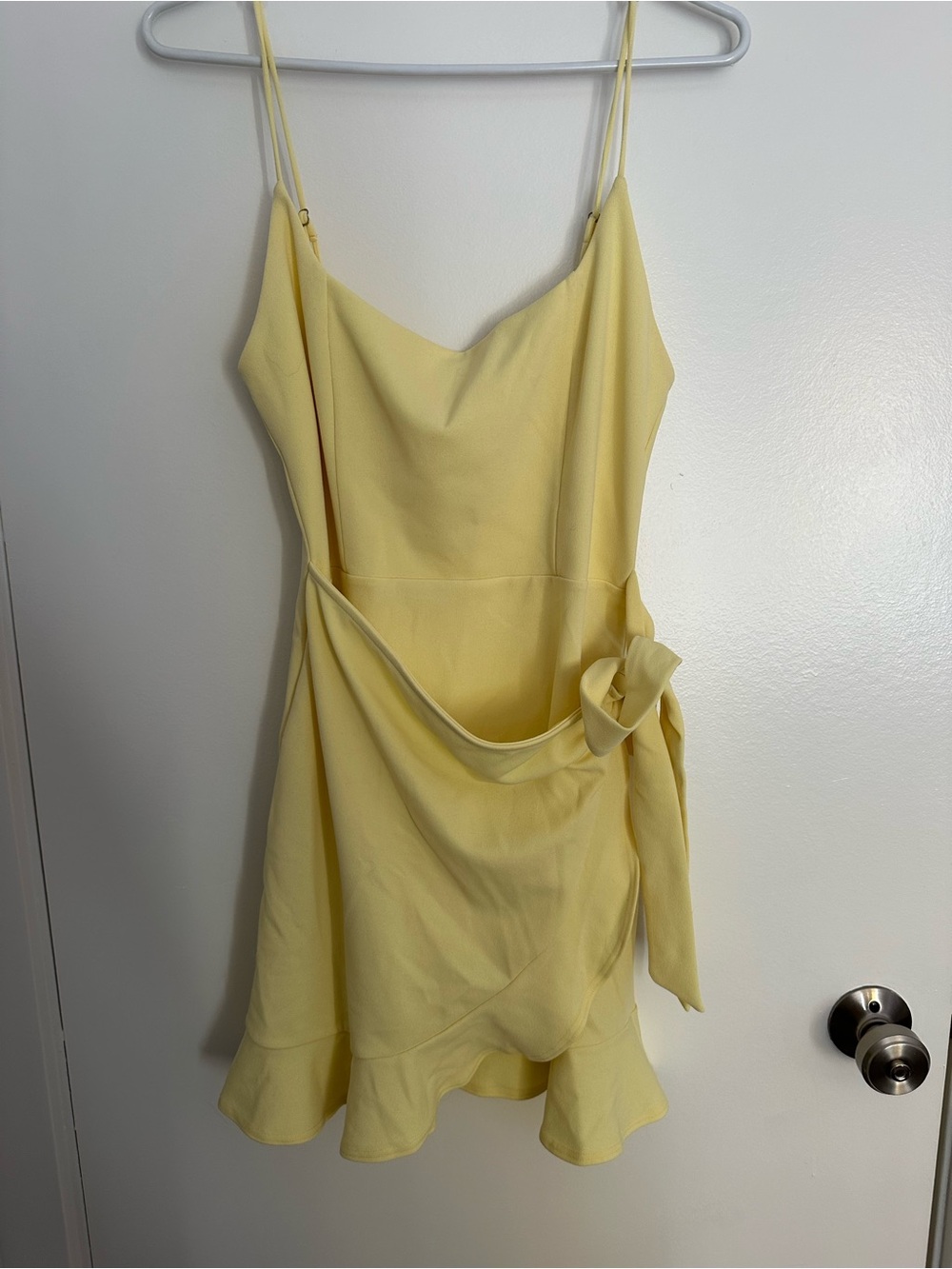 Yellow Spaghetti-Strap Wrap Mini Dress
